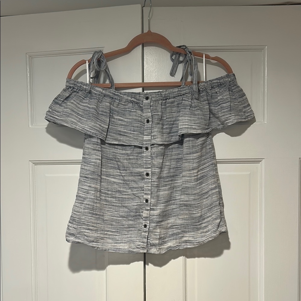 Lucky Brand Gray Button Down Blouse with Ruffled Tie Front